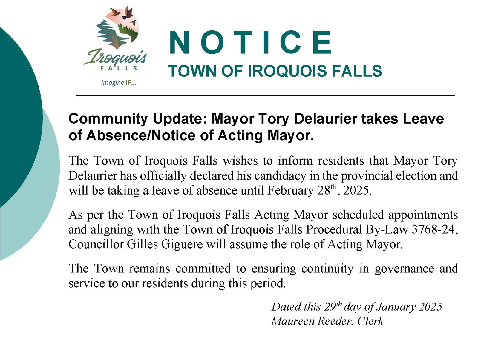 Notice of Acting Mayor | Town of Iroquois Falls